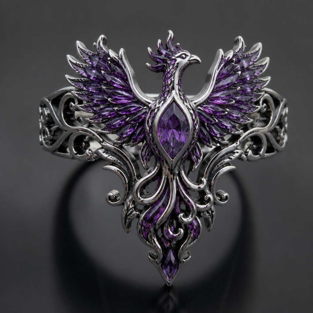 A gothic women's ring made of silver with amethyst stones, detailed and decorative, moderately ornate. a silver ring band with an Amythist Phoenix