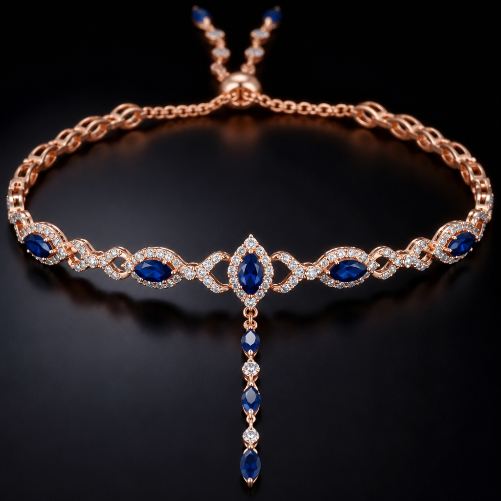 A royal women's bracelet made of rose gold with diamond and sapphire stones suitable for formal. a braclet with blue diamond sapphire in gap in chain like
-----✨------✨-------✨---------✨ shape and and end of this there should be a chain droped like
|
|
|
✨
|
|
|
✨ etc and that should be blue colour
photorealistic jewelry design, A royal women's bracelet made of rose gold with diamond and sapphire stones suitable for formal. a braclet with blue diamond sapphire in gap in chain like
-----✨------✨-------✨---------✨ shape and and end of this there should be a chain droped like
|
|
|
✨
|
|
|
✨ etc and that should be blue colour, royal style, just the design no text