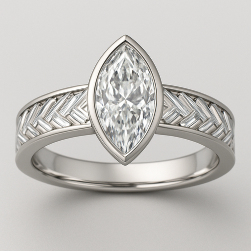 Bezel set 6 carat marquise diamond center stone with baguette diamonds in a herringbone pattern in the band