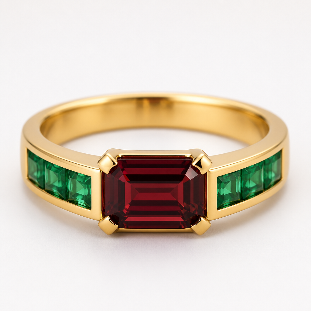 A modern women's ring made of gold with garnet stones. tsavorite, emerald cut, east west setting modern
photorealistic jewelry design, A modern women's ring made of gold with garnet stones. tsavorite, emerald cut, east west setting modern, modern style, just the design no text