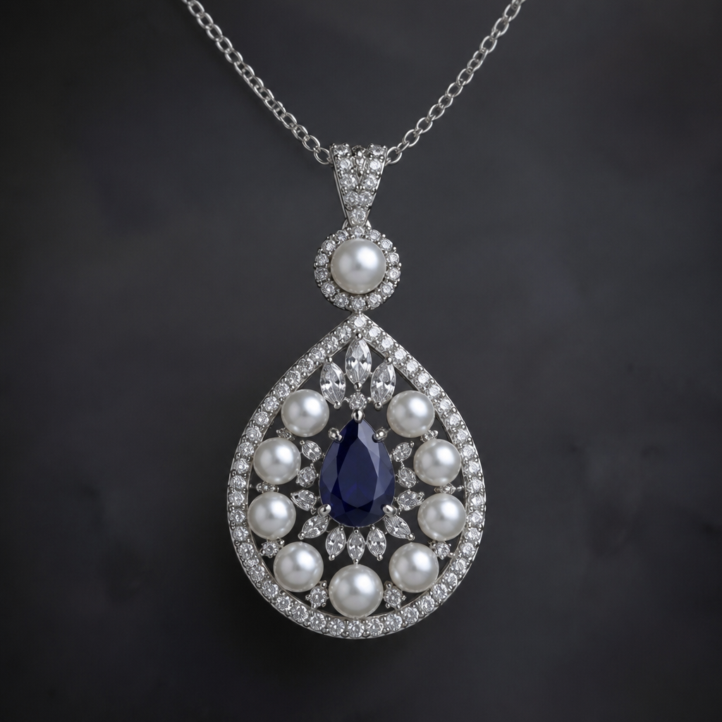 A pearl-adorned women's pendant made of platinum with sapphire stones suitable for engagement
photorealistic jewelry design, A pearl-adorned women's pendant made of platinum with sapphire stones suitable for engagement, pearl_adorned style, just the design no text
