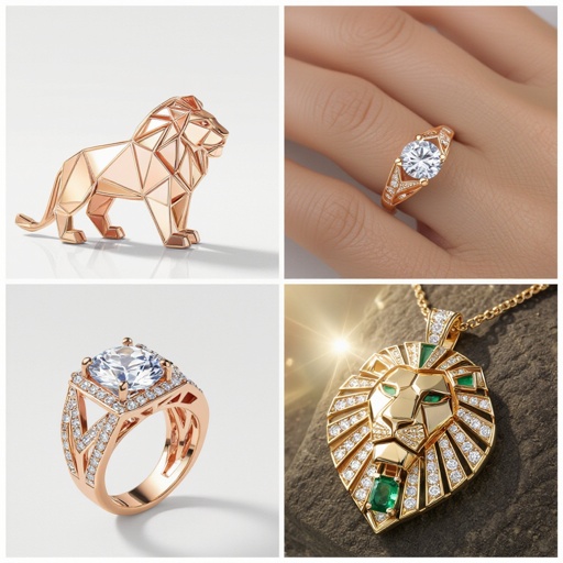 Earrings set of Lion king edges Geometric lion ring of rose gold and white goldGeomatricw lion of architecture shape and edge of diamonds and emerlad of rose gold 
