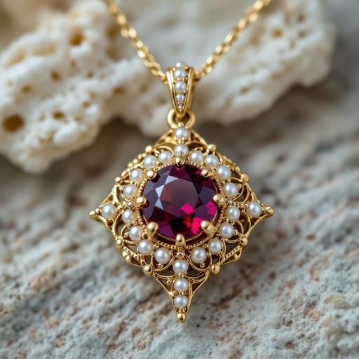 1 ct round garnet, surrounded by smaller gemstones on a necklace pendant 