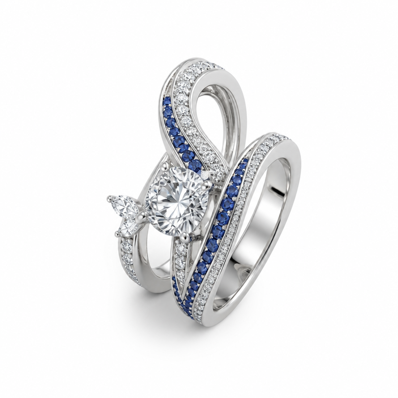A avant-garde women's ring made of white gold with diamond and sapphire stones. with a center diamond and small sapphires
using the attached image as a visual reference, create A avant-garde women's ring made of white gold with diamond and sapphire stones. with a center diamond and small sapphires. photorealistic, just the design no text