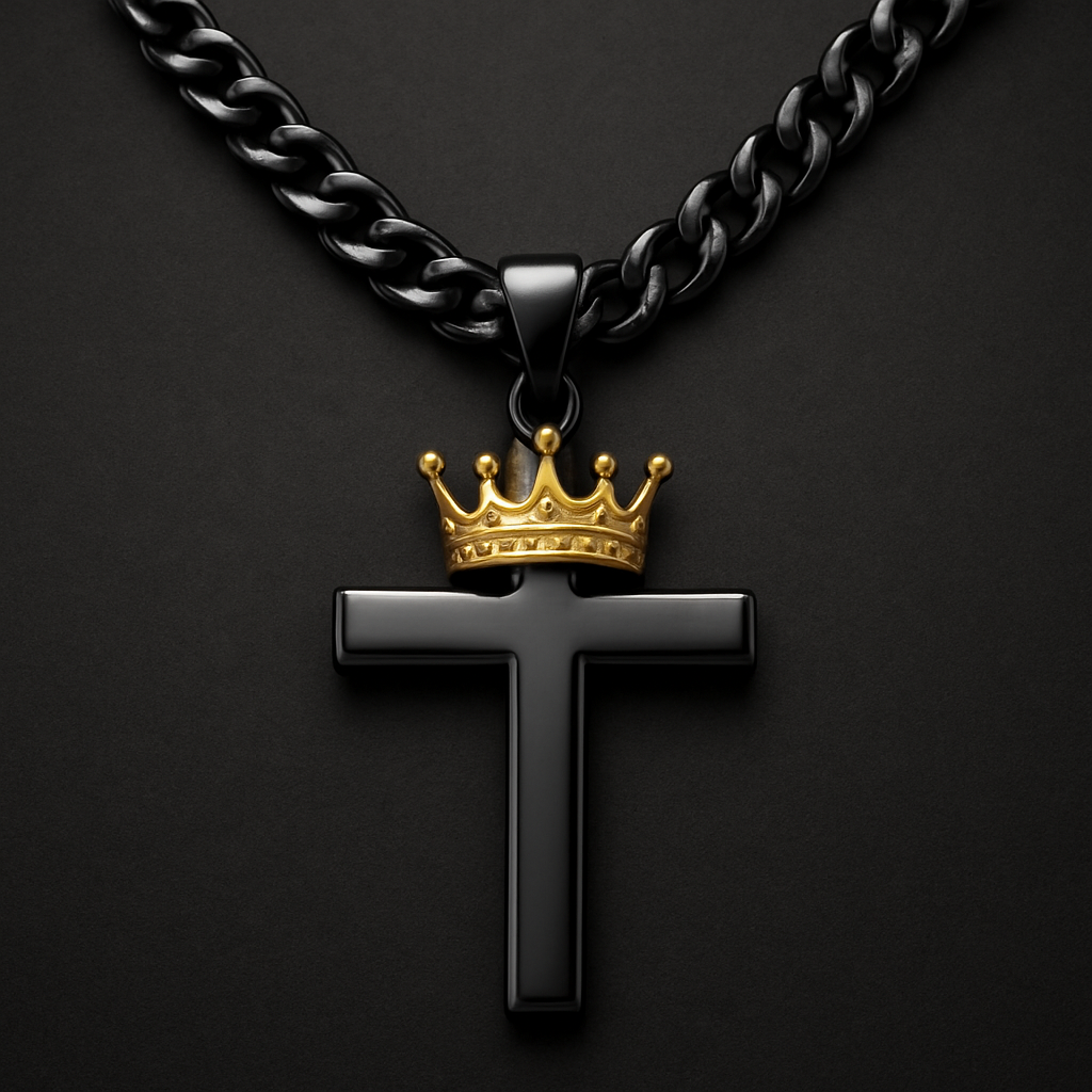 Black gold chain with a cross Pendant and yellow gold crown