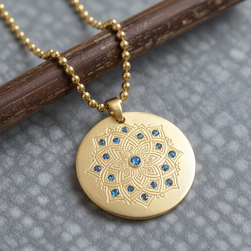 Кулон на длинной цепочке. Матовое светлое золото. В цепочке небольшие золотые шарики и синие камушки и жемчуга. Кулон в форме неровного мятого круга. На круге изображена мандала украшена узорами и мелкими камушками 