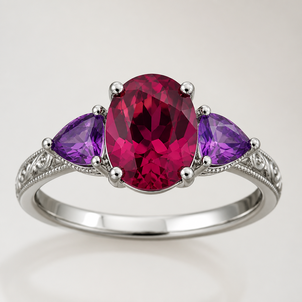 A classic women's ring made of silver with ruby and amethyst stones suitable for engagement
photorealistic jewelry design, A classic women's ring made of silver with ruby and amethyst stones suitable for engagement, classic style, just the design no text