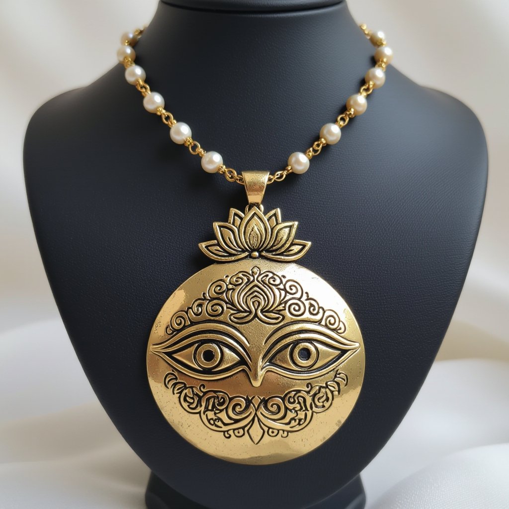 Кулон на длинной цепочке. Матовое светлое золото. В цепочке небольшие золотые шарики и жемчуг. Кулон в виде двух глаз над ними лотос узоры завитушки 