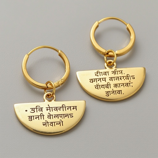 Серьги золотые в форме полукруга, полукруг как продолжение застежки, на полукруге надписи мантрами на санскрите