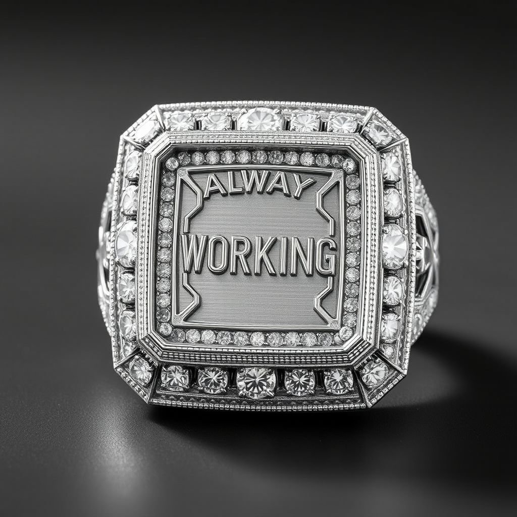 ALWAYSWORKING ring in a square shape with small writings at the top always and at the bottom working fully iced out big diamonds