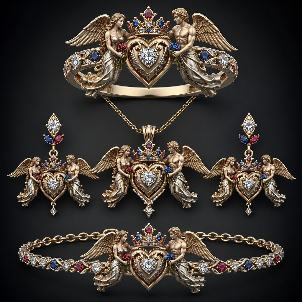 A romantic women's ring made of mixed metal with diamond and ruby and sapphire stones suitable for wedding. An extraordinary beautiful delicate elegant and excellent set of jewelry with a beautiful delicate and elegant ring, two ear rings, a pendant and a bracelet with a heart at the middle and a diamond in the middle of the heart over the heart to be placed a beautiful delicate and elegant queen crown with a diamond in the middle and rubies and sapphires all around the crown, with an extraordinary beautiful delicate and elegant female Angel with a beautiful delicate and elegant face with long hair holding a heart with Her right hand and a rose with Her left hand at the right side of the heart and an extraordinary beautiful delicate and elegant male Angel with an extraordinary beautiful delicate elegant and fit body with a beautiful delicate and elegant face with short hair holding a heart with His right hand and a rose with His left hand at the left side of the heat. Both Angels to be placed to all the items of the set. The Angels to be adult Angels at all the items of the set. The crown to be placed on the heart.