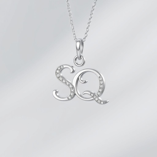 silver necklace with the pendant in letter letters SQ with white  stones. Make it cute and simple 