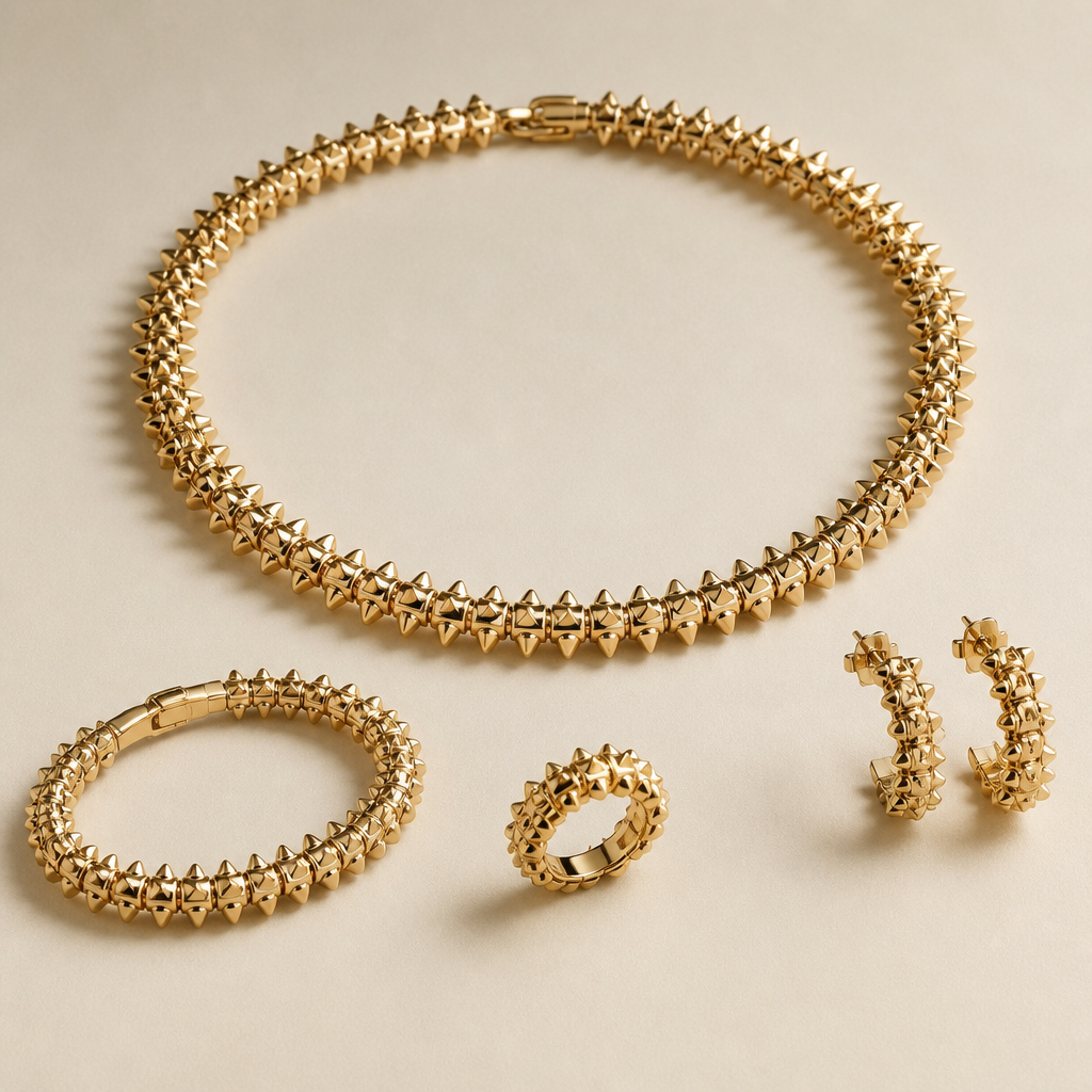 A modern women's necklace made of gold. make ring and bracelet and earrings with it in the same design and do it inspired of Cartier Clash brand
photorealistic jewelry design, A modern women's necklace made of gold. make ring and bracelet and earrings with it in the same design and do it inspired of Cartier Clash brand, modern style, just the design no text