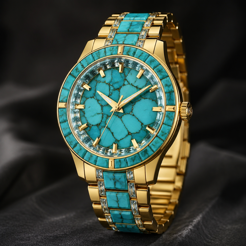 A modern men's watch made of gold with turquoise and aquamarine stones suitable for formal
photorealistic jewelry design, A modern men's watch made of gold with turquoise and aquamarine stones suitable for formal, modern style, just the design no text