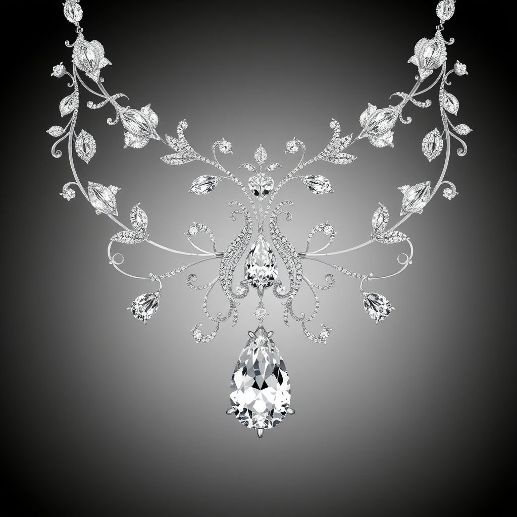 Design an exquisite high-end diamond necklace featuring a harmonious arrangement of brilliant-cut, marquise, and pear-shaped diamonds. The centerpiece should include a cascading teardrop-shaped diamond pendant surrounded by intricate floral and vine-inspired settings. The necklace should have a symmetrical, regal form, with a platinum or white gold base, encrusted with pavé diamonds. Ensure the design reflects luxury, elegance, and timeless craftsmanship, suitable for a royal gala or red carpet event.