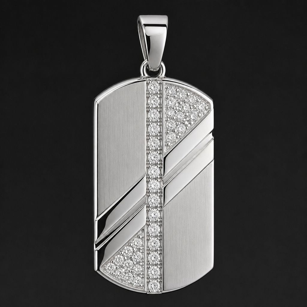 A men's pendant made of silver with diamond stones
photorealistic jewelry design, A men's pendant made of silver with diamond stones, modern style, just the design no text