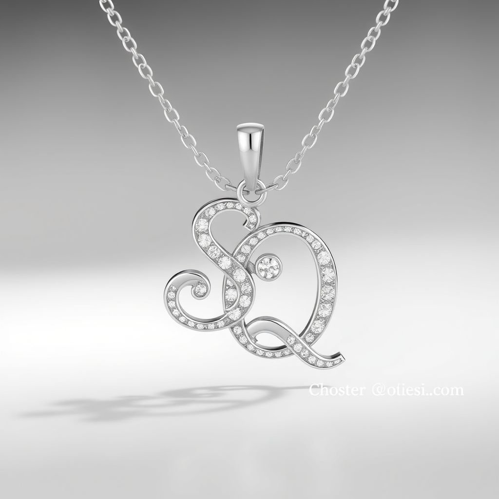 silver necklace with the pendant in conjoined letters SQ with white  stones. Make it cute and simple 