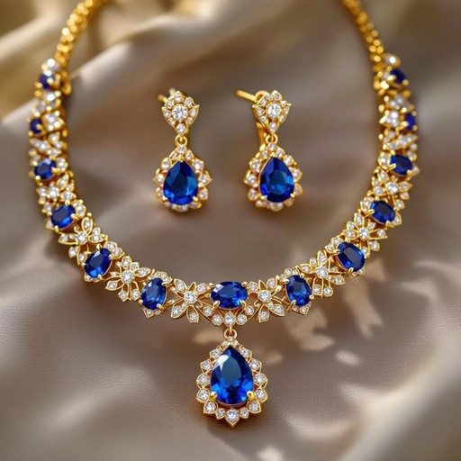 Necklace and ring and earring with colorful sapphire with gold