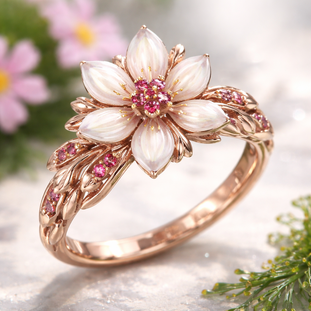 Create a ring design that is inspired from the River Beauty Willow Herb, Sweet Broad-leaved Willow Herb flower. With the petals being in a pear-marquise shape that is off-white. And have a reddish magenta colored small diamonds in the middle of it and also in the sides of the band
