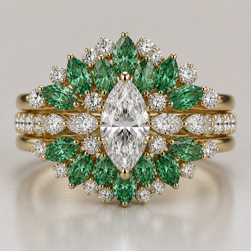 can you make the emerald green diamonds bigger. and make it look more like a cluster to fill in the gaps in the middle and also mix some regular white diamonds in there. And on the middle band can you add some marquise white diamonds on the middle band to look like they are sprouting out of the middle marquise diamond. but still keep the full wrap around diamonds
edit the attached jewelry design with these instructions: can you make the emerald green diamonds bigger. and make it look more like a cluster to fill in the gaps in the middle and also mix some regular white diamonds in there. And on the middle band can you add some marquise white diamonds on the middle band to look like they are sprouting out of the middle marquise diamond. but still keep the full wrap around diamonds. keep it photorealistic, just the design no text