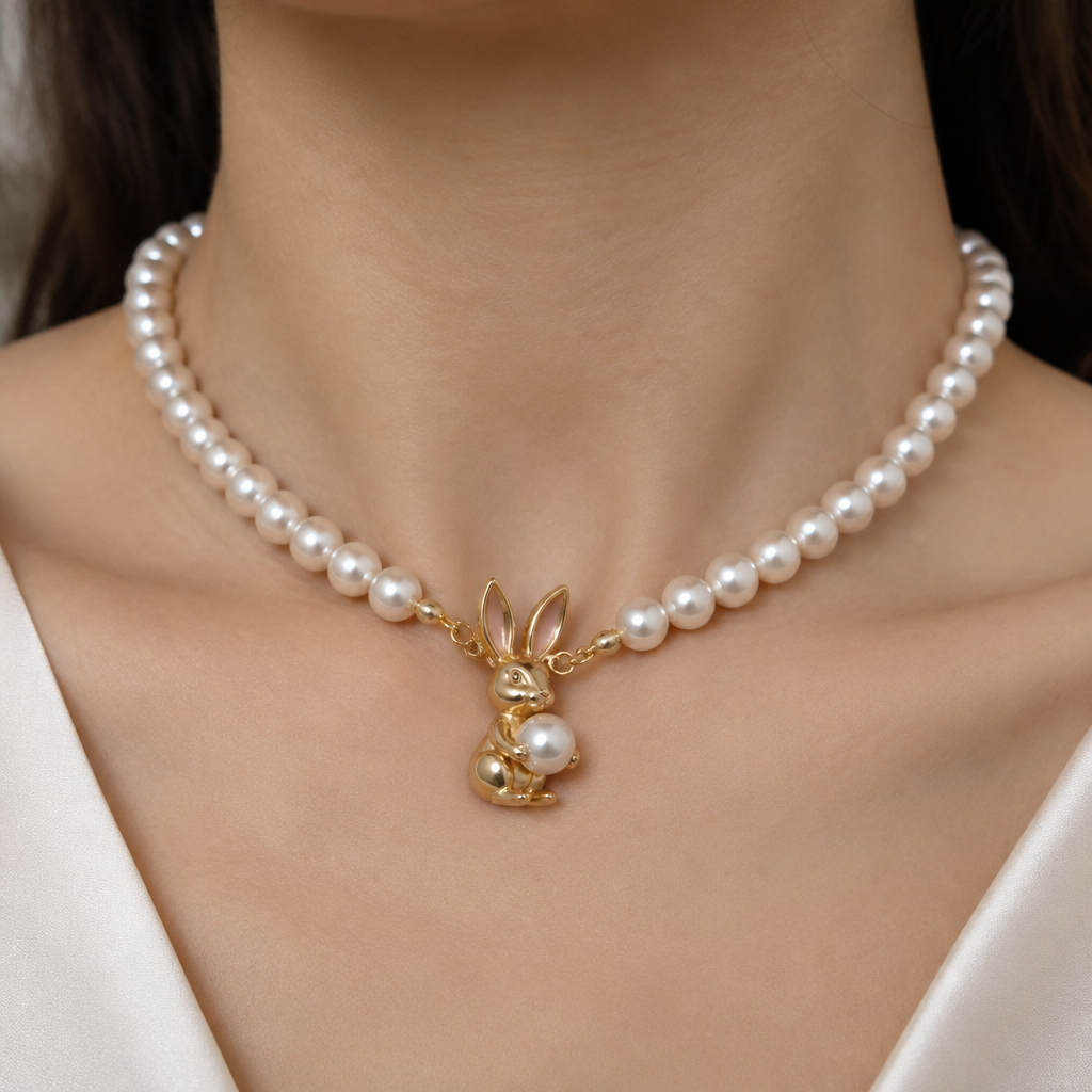 A women's necklace. a bunny of gold metal holding pearl in his hands and chain in made of real pearl..neck choker style ..
photorealistic jewelry design, A women's necklace. a bunny of gold metal holding pearl in his hands and chain in made of real pearl..neck choker style .., modern style, just the design no text