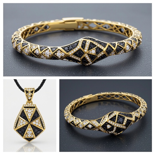 Pendant Geomatric snake leather with diamonds of architecture shapes and edges of bracelet banglea