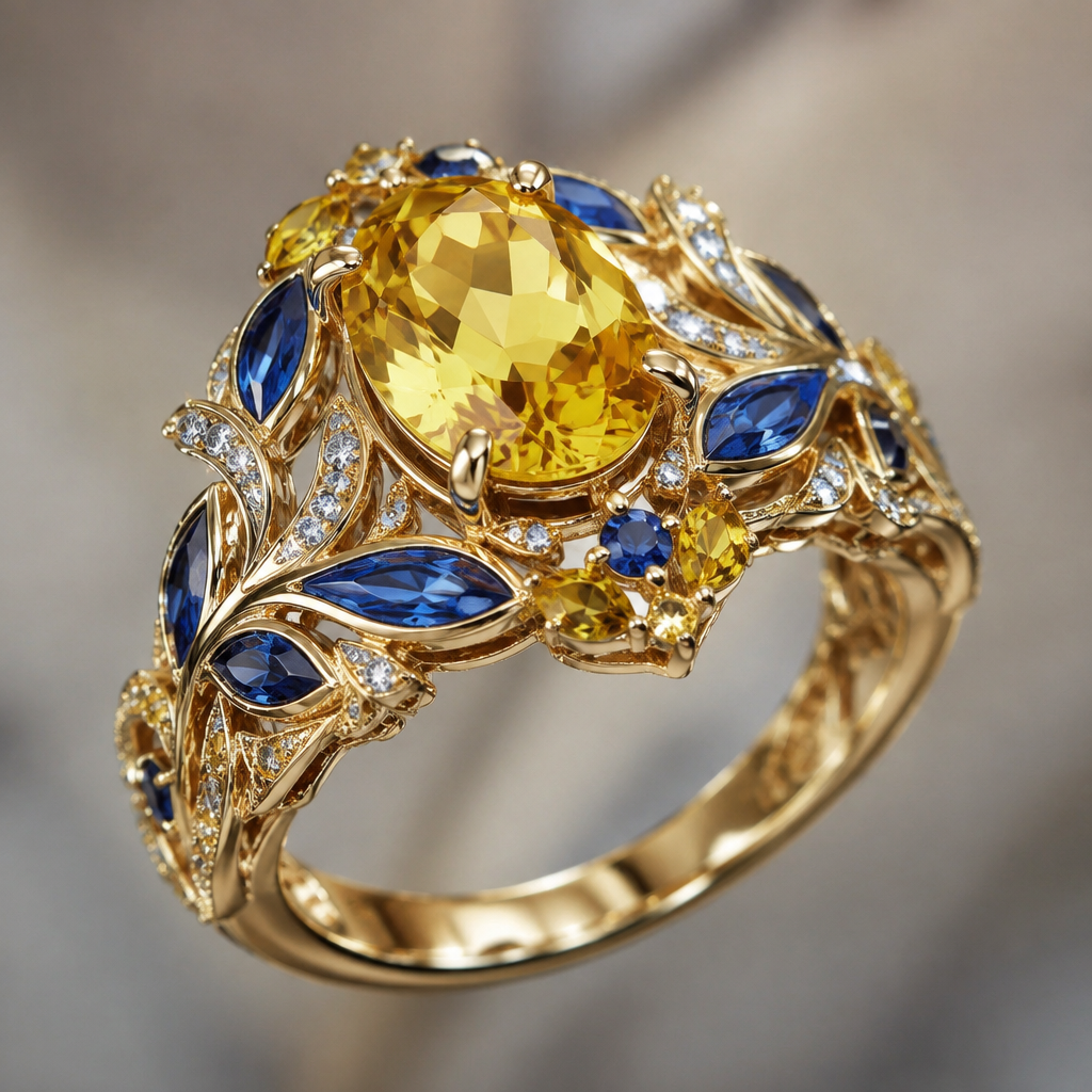 A women's ring with topaz and sapphire stones suitable for daily wear, highly ornate, intricate and elaborate, richly detailed. yellow sapphire
photorealistic jewelry design, A women's ring with topaz and sapphire stones suitable for daily wear, highly ornate, intricate and elaborate, richly detailed. yellow sapphire, modern style, just the design no text