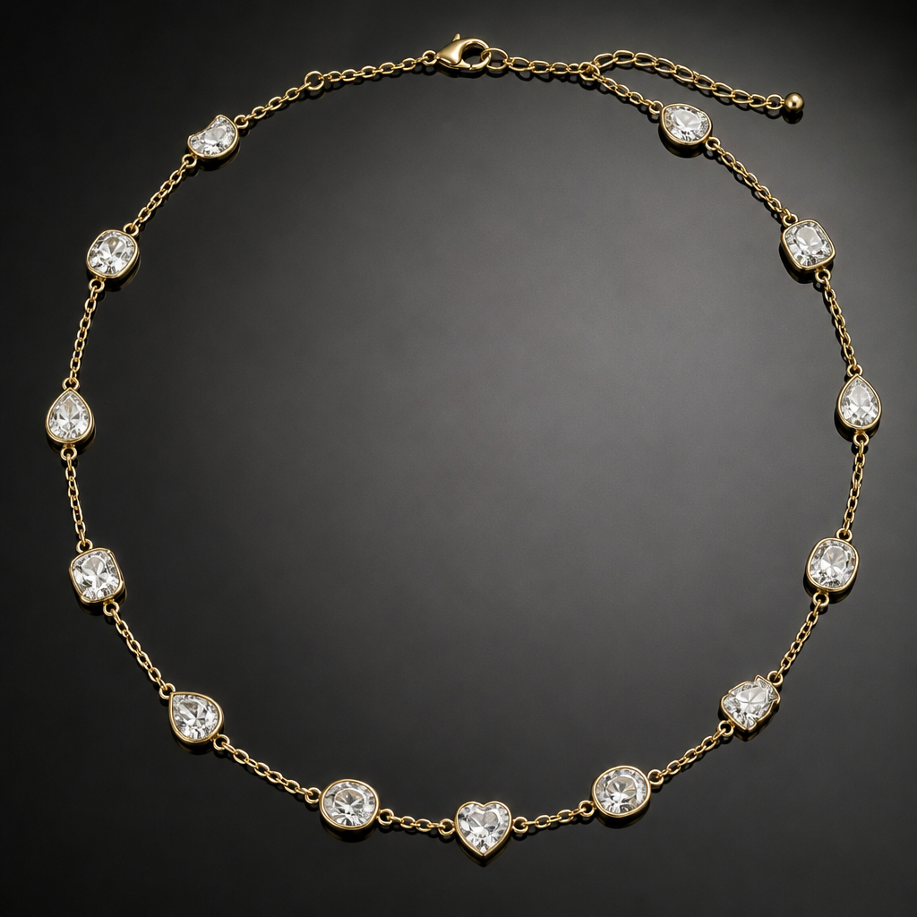 A women's necklace made of gold with diamond stones. collier en or 18k avec 15 diamants de 0.25 ct chacun et de differentes forme ( coussin, cœur, poire et oval)
photorealistic jewelry design, A women's necklace made of gold with diamond stones. collier en or 18k avec 15 diamants de 0.25 ct chacun et de differentes forme ( coussin, cœur, poire et oval), modern style, just the design no text