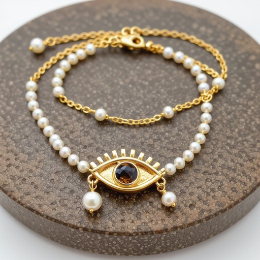 Тонкая цепочка с золотыми шариками и мелкими жемчужными камушками на цепочке есть кулон в форме глаза, зрачок глаза из раухтопаза от глаза идет маленькая подвеска с маленьким камушком 