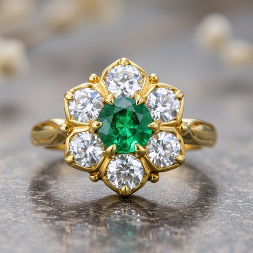 Anillo en oro con esmeralda trapiche con redonda y solo seis diamantes al rededor que forme un hexágono en el metal