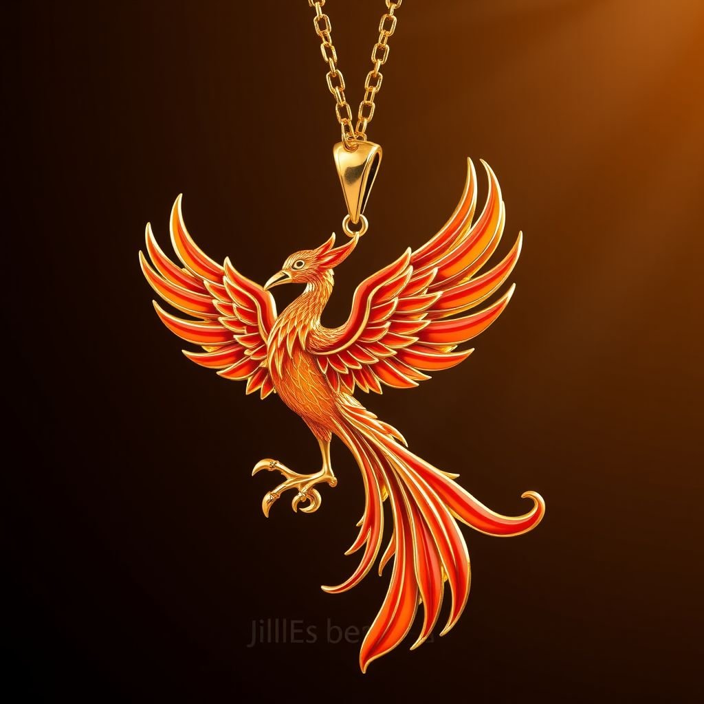 A orange and red phoenix pendant with gold chain necklace 