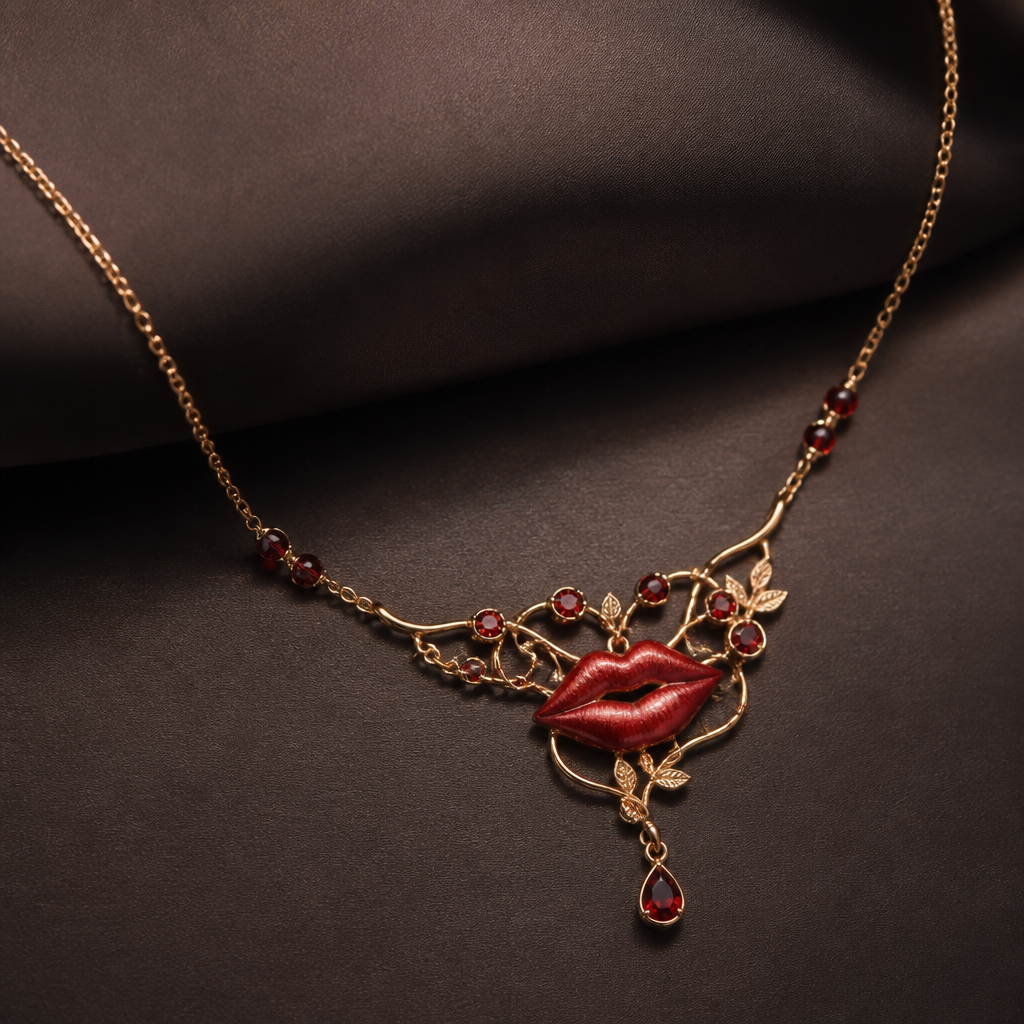 A romantic women's necklace suitable for daily wear. mira tengo que presentar una colección de joyas inspiradas en una emocion la cual es la lujuria quiero un collar inspirado con lujuria que tenga rojo y todo lo que representa la emocion lujuria pero son labios enormes todo sutil y delicado
photorealistic jewelry design, A romantic women's necklace suitable for daily wear. mira tengo que presentar una colección de joyas inspiradas en una emocion la cual es la lujuria quiero un collar inspirado con lujuria que tenga rojo y todo lo que representa la emocion lujuria pero son labios enormes todo sutil y delicado, romantic style, just the design no text