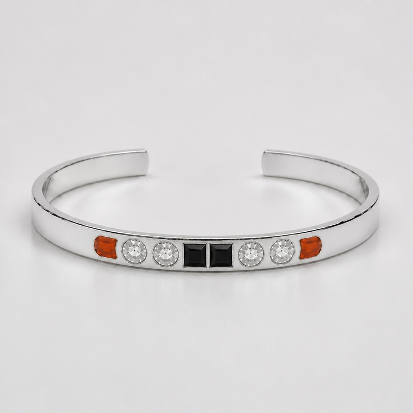 A women's bracelet made of silver. put two black square stones in the gap in the middle
using the attached image as a visual reference, create A women's bracelet made of silver. put two black square stones in the gap in the middle. photorealistic, just the design no text