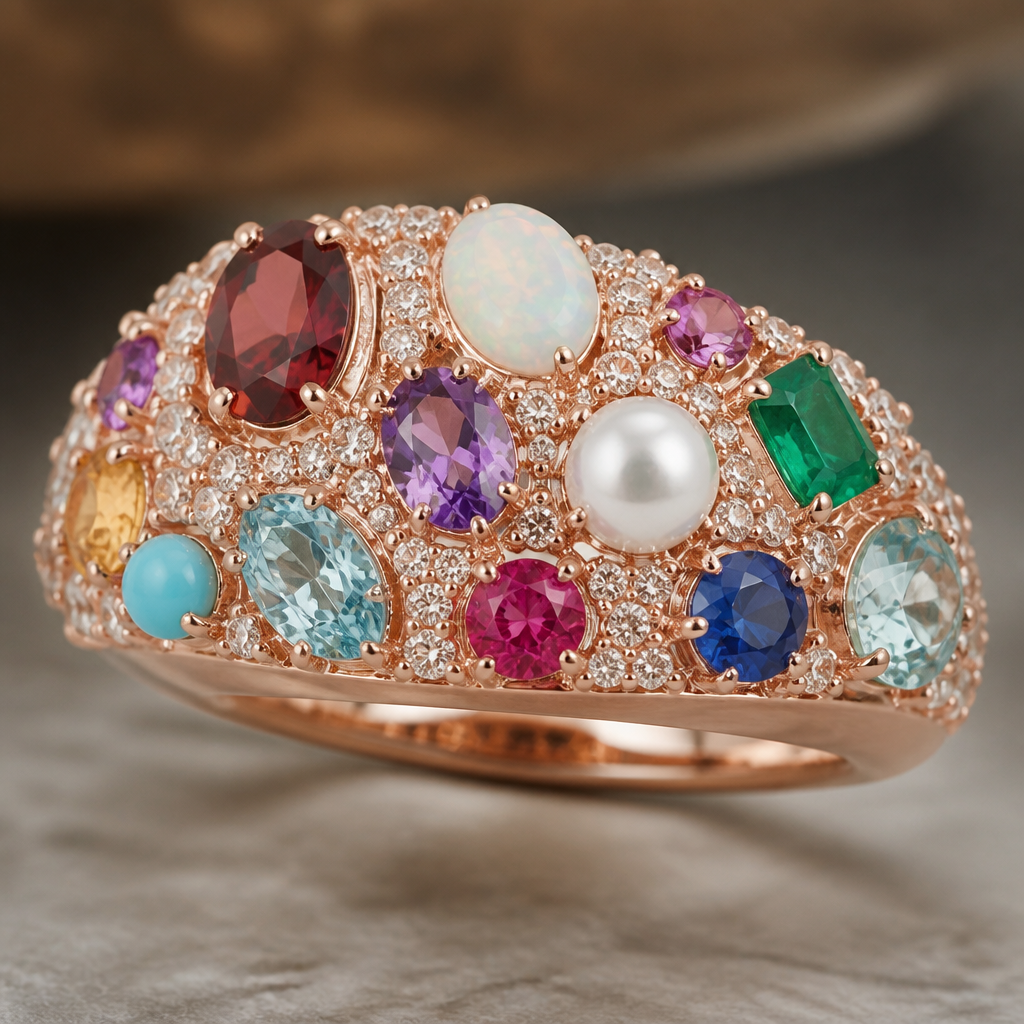A women's ring made of rose gold with diamond and ruby and sapphire and opal and amethyst and pearl and emerald and garnet and aquamarine and turquoise and topaz stones. **Pavé:** Tiny diamonds set closely together, creating a continuous sparkle that enhances the center 𝕤𝕥𝕠𝕟𝕖
photorealistic jewelry design, A women's ring made of rose gold with diamond and ruby and sapphire and opal and amethyst and pearl and emerald and garnet and aquamarine and turquoise and topaz stones. **Pavé:** Tiny diamonds set closely together, creating a continuous sparkle that enhances the center 𝕤𝕥𝕠𝕟𝕖, modern style, just the design no text