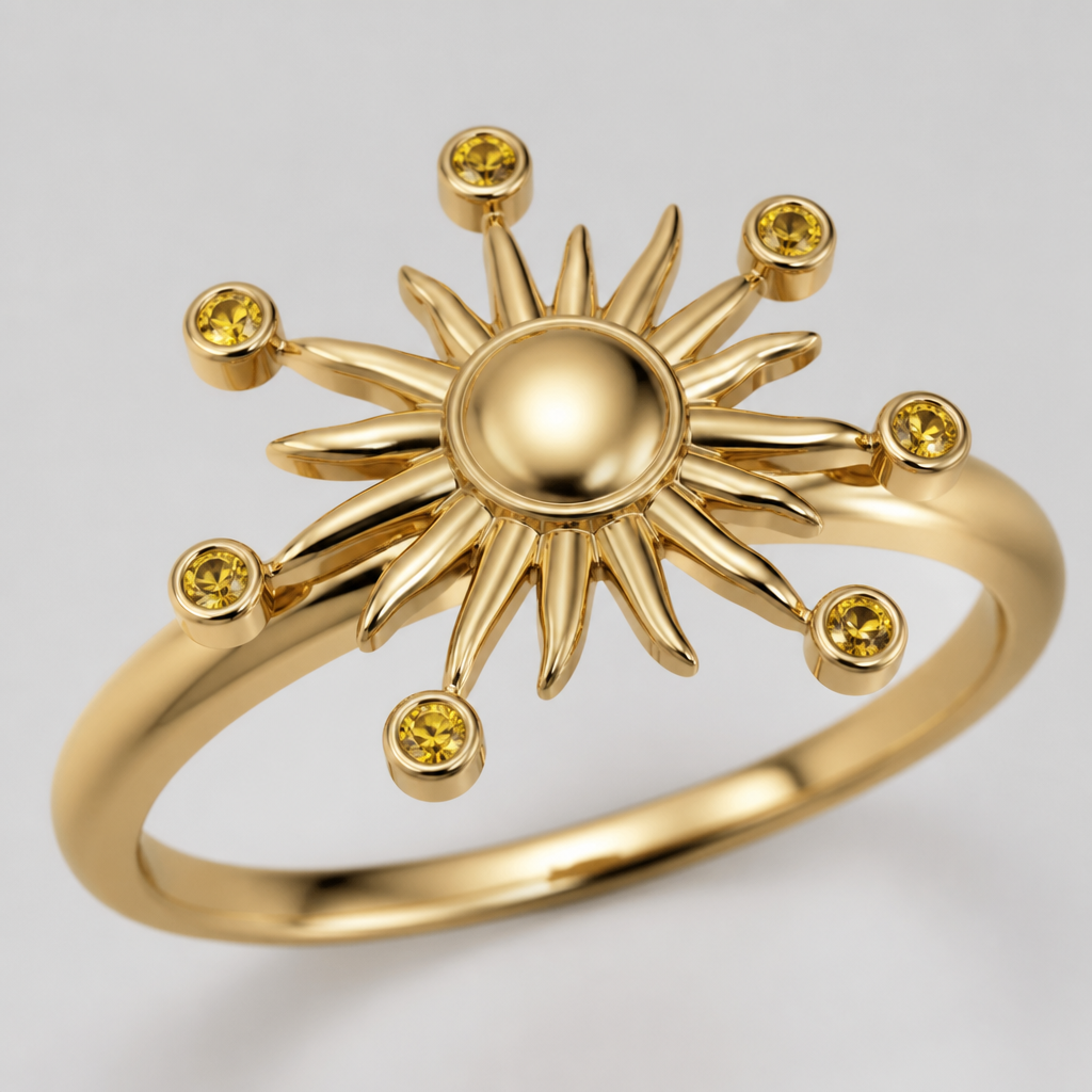 A modern women's ring. Un anillo con concepto de Sol, y al rededor piedras amarillas en puntos.
photorealistic jewelry design, A modern women's ring. Un anillo con concepto de Sol, y al rededor piedras amarillas en puntos., modern style, just the design no text