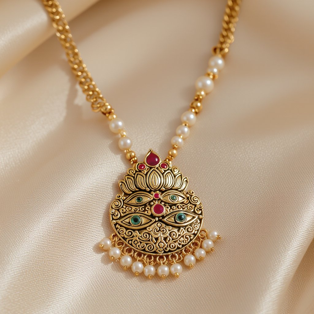 Кулон на длинной цепочке. Матовое светлое золото. В цепочке небольшие золотые шарики и жемчуг. Кулон в виде двух глаз над ними лотос с маленьким красным камнем внутри узоры завитушки 