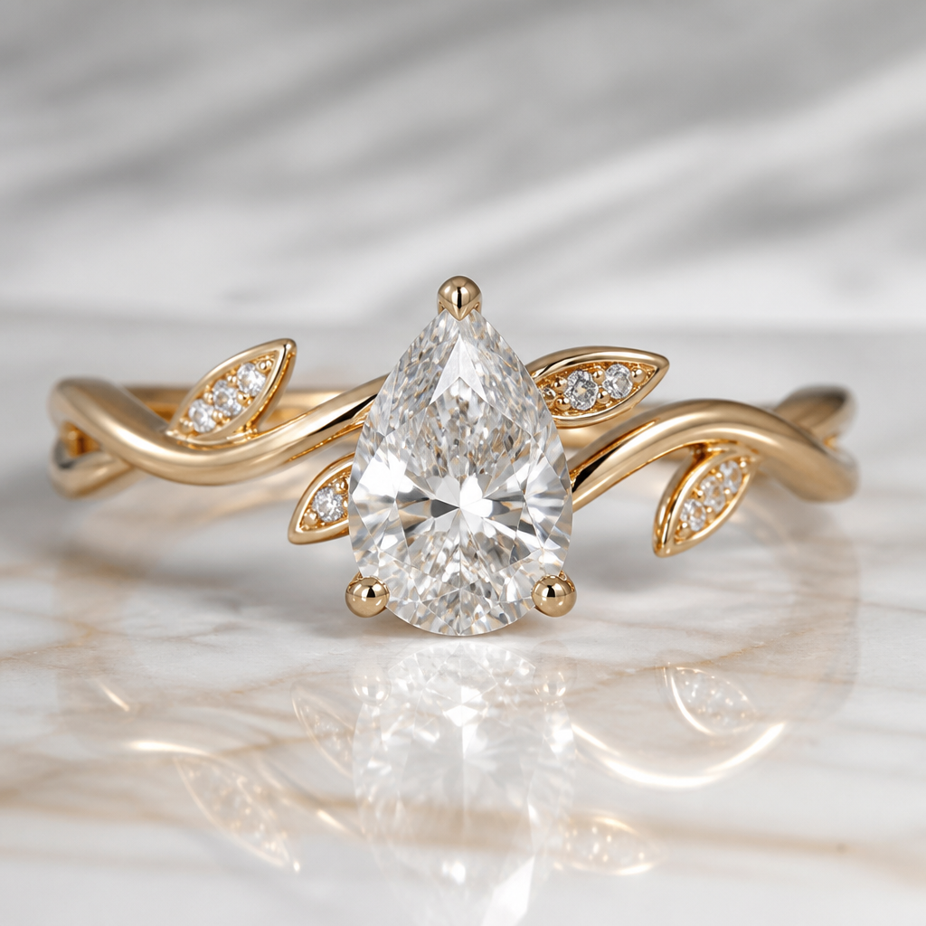 Gold with a 2 carrot diamond pear shaped with twisted band with leaves
photorealistic jewelry design, Gold with a 2 carrot diamond pear shaped with twisted band with leaves
, modern style, just the design no text