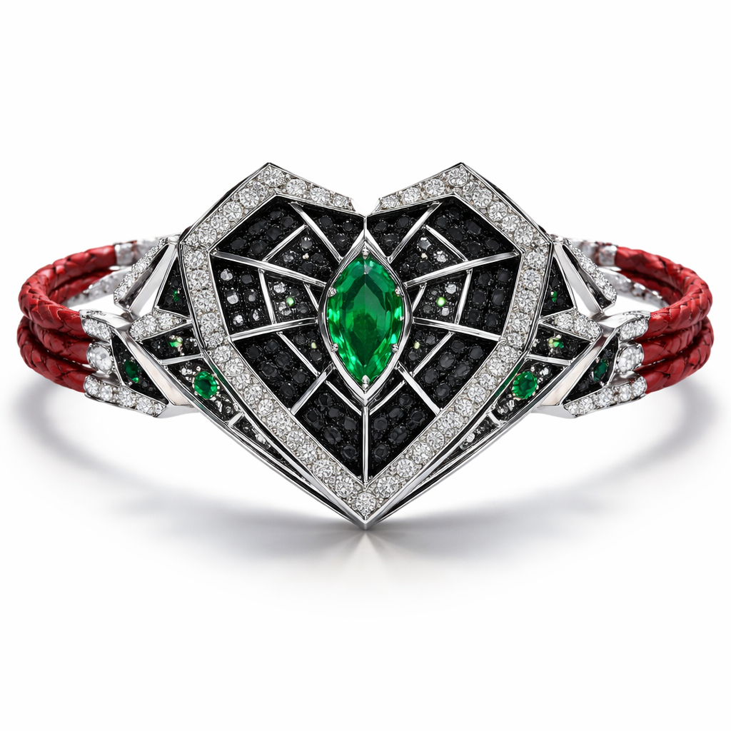 Geomatric bangle of heart of ede style and shape white black diamonds of love shape of little bit of stones and chain of red leather with green emerald