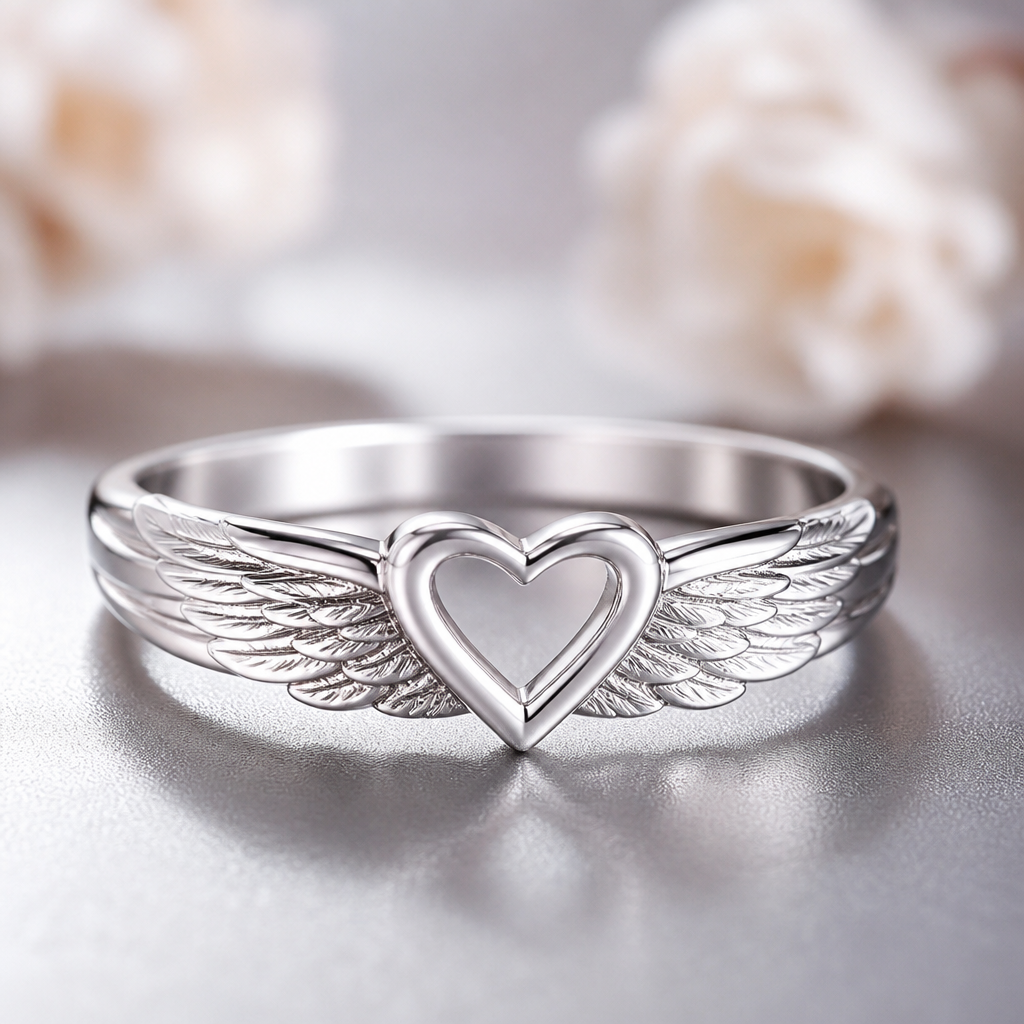 A romantic women's ring made of silver suitable for gift. angel wing band design with custom text front engraving ring
photorealistic jewelry design, A romantic women's ring made of silver suitable for gift. angel wing band design with custom text front engraving ring, romantic style, just the design no text
