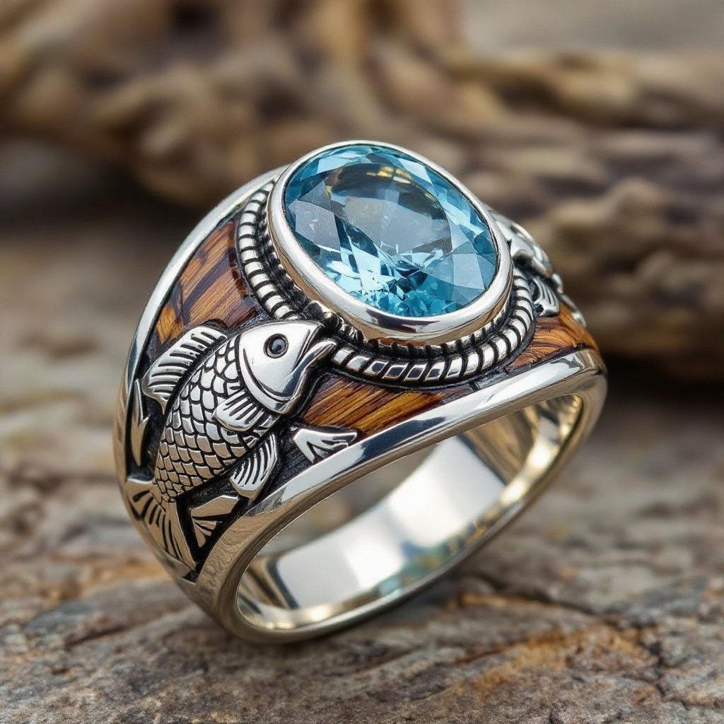 Aquamarine ring with pisces/fish motif for man.