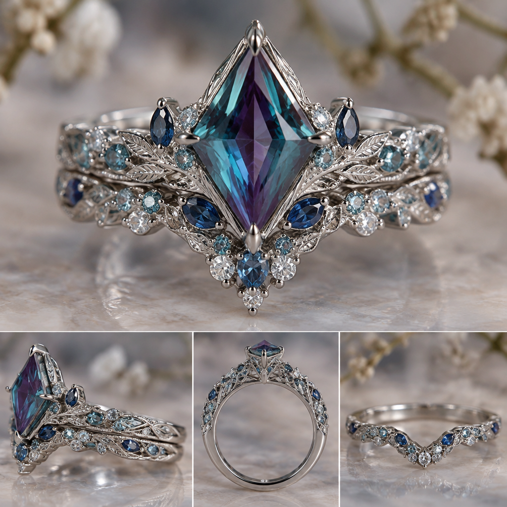 A nature-inspired women's ring made of platinum with turquoise and sapphire and aquamarine stones suitable for engagement, highly ornate, intricate and elaborate, richly detailed. Stone shape
• Kite
Stone type
• Lab grown Alexandrite center stone
Carat
• Kite max size 13x6mm approx. 1.5-2 ct
Ring size
• 7 3/4
Other details
• Low to medium profile
• Claw or double claw prongs
• Matching wedding band that is flush with the engagement ring
• Slightly nature inspired but I don't want it to take over the ring
• Moissanite, London blue topaz, and/or sapphire accent stones
photorealistic jewelry design, A nature-inspired women's ring made of platinum with turquoise and sapphire and aquamarine stones suitable for engagement, highly ornate, intricate and elaborate, richly detailed. Stone shape
• Kite
Stone type
• Lab grown Alexandrite center stone
Carat
• Kite max size 13x6mm approx. 1.5-2 ct
Ring size
• 7 3/4
Other details
• Low to medium profile
• Claw or double claw prongs
• Matching wedding band that is flush with the engagement ring
• Slightly nature inspired but I don't want it to take over the ring
• Moissanite, London blue topaz, and/or sapphire accent stones, nature_inspired style, just the design no text