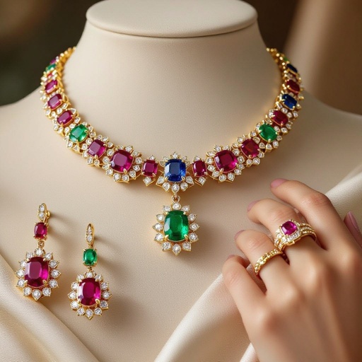 Necklace and ring and earring with luxury colorful jewel with gold