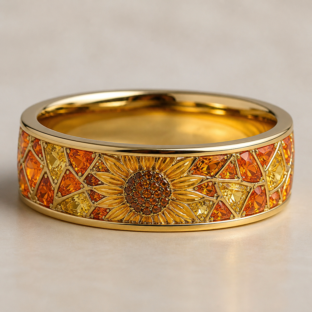 Medium size gold band with Orange and yellow diamonds with sunflower