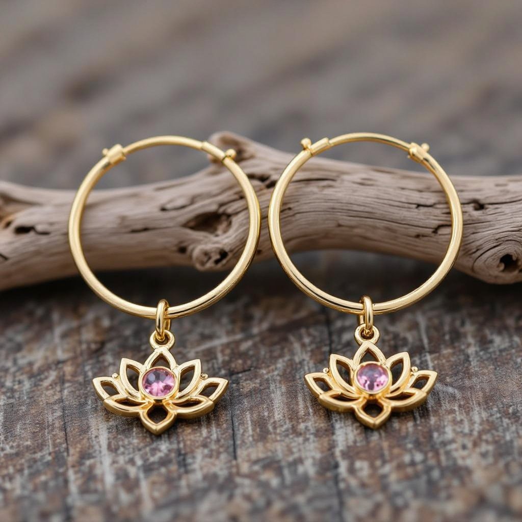 Серьги кольца диаметр 14 мм, подвески в виде золотых лотосов шестью лепестками с маленьким розовым кварцем по центру