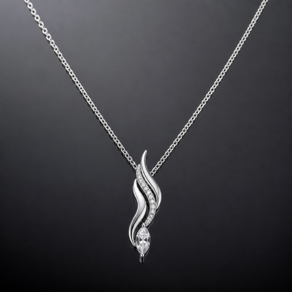 A women's necklace made of silver with diamond stones. flamme style minimaliste,
photorealistic jewelry design, A women's necklace made of silver with diamond stones. flamme style minimaliste,, modern style, just the design no text