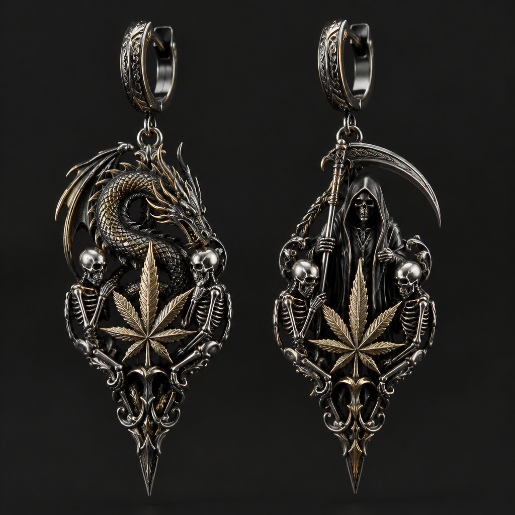 A gothic men's earrings made of mixed metal suitable for anniversary. a dragon with a potleaf a reaper and 2 skeltons
photorealistic jewelry design, A gothic men's earrings made of mixed metal suitable for anniversary. a dragon with a potleaf a reaper and 2 skeltons, gothic style, just the design no text