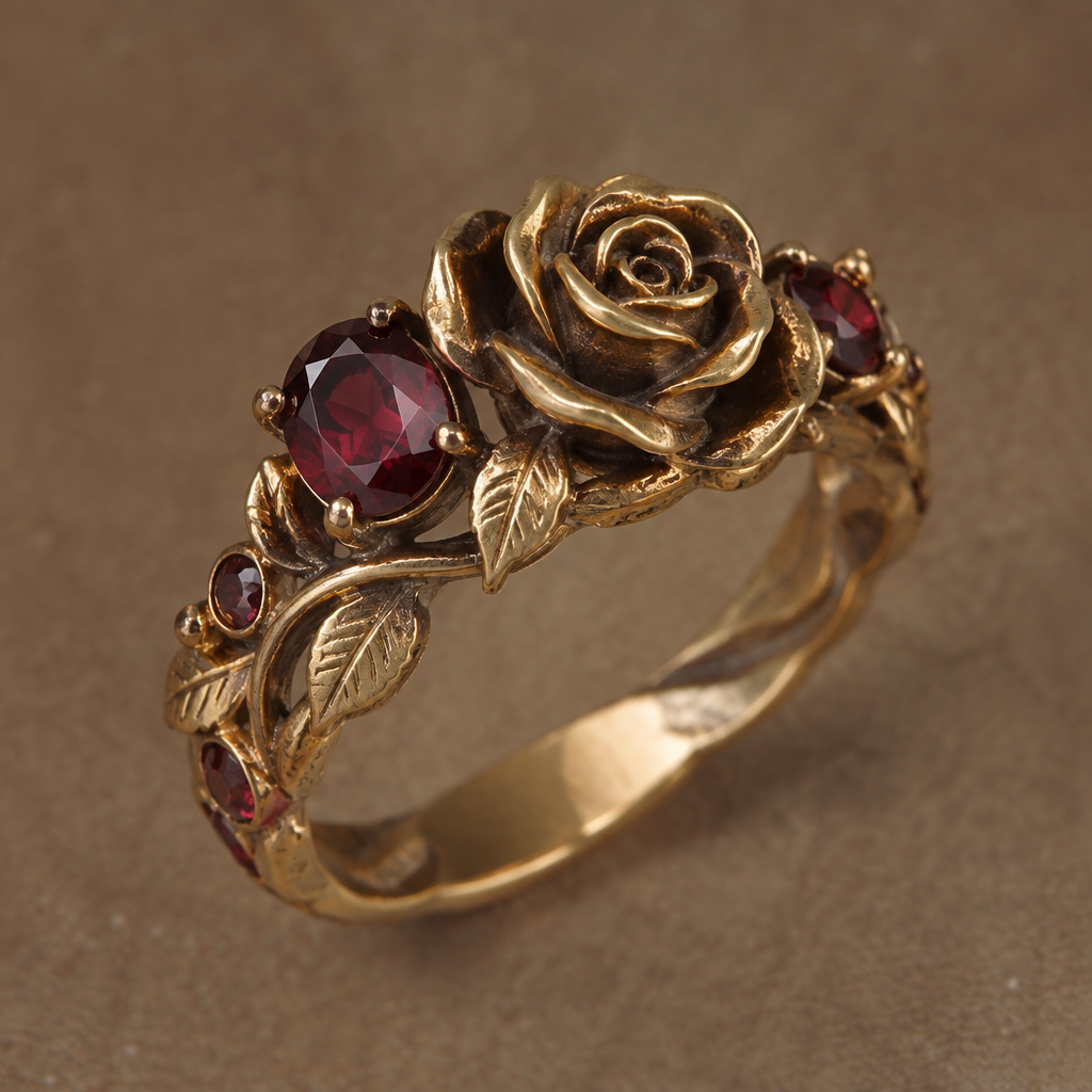 A rustic women's ring made of gold with ruby and garnet stones. a ring of gol an a matal rose on it
photorealistic jewelry design, A rustic women's ring made of gold with ruby and garnet stones. a ring of gol an a matal rose on it, rustic style, just the design no text