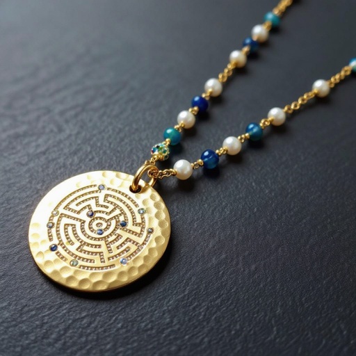 Кулон на длинной цепочке. Матовое светлое золото. В цепочке небольшие золотые шарики и синие камушки и жемчуга. Кулон в форме неровного мятого круга. На круге изображен лабиринт и украшен узорами и мелкими камушками 