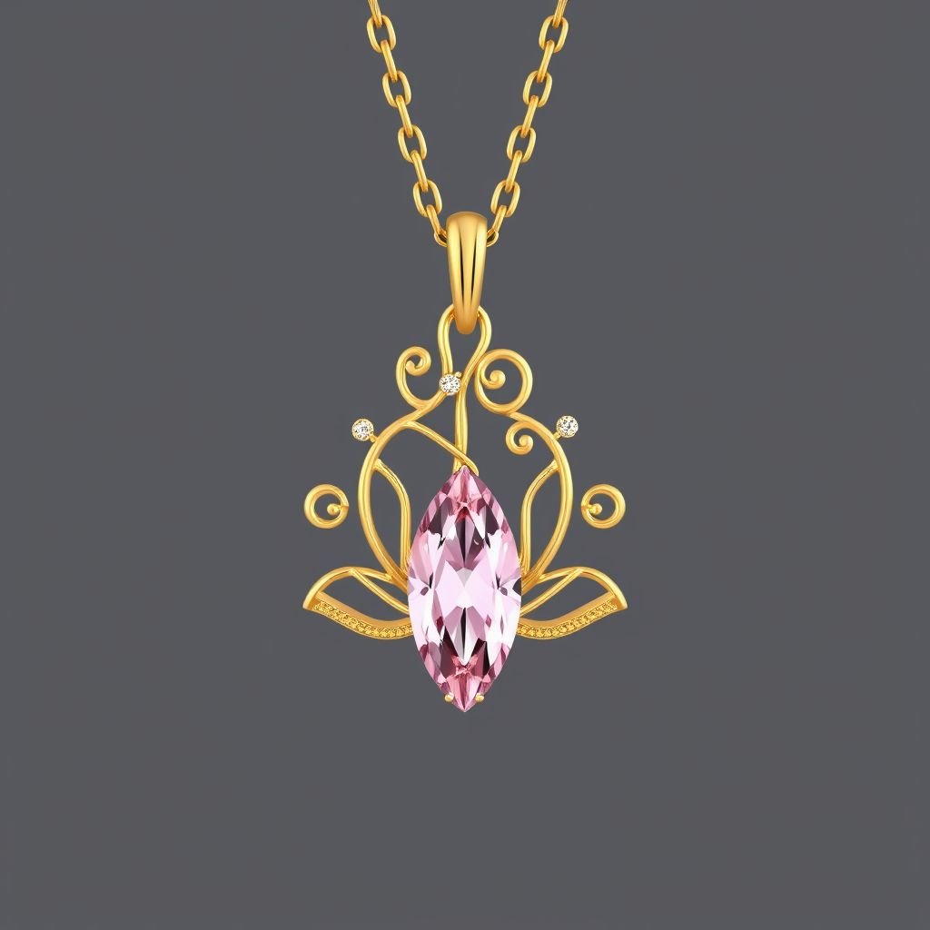 A everyday wear but delicate and elegant small gold necklace with a pink color gemstone in a marquise cut. All the details are delicate and they rappresent the petals of the flower lotus.
