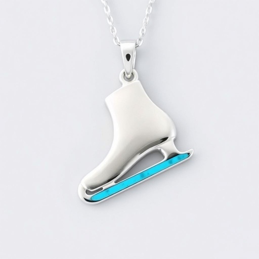 Silver Pendant shape one ice skate with turquoise stripe inside the low thin part blade